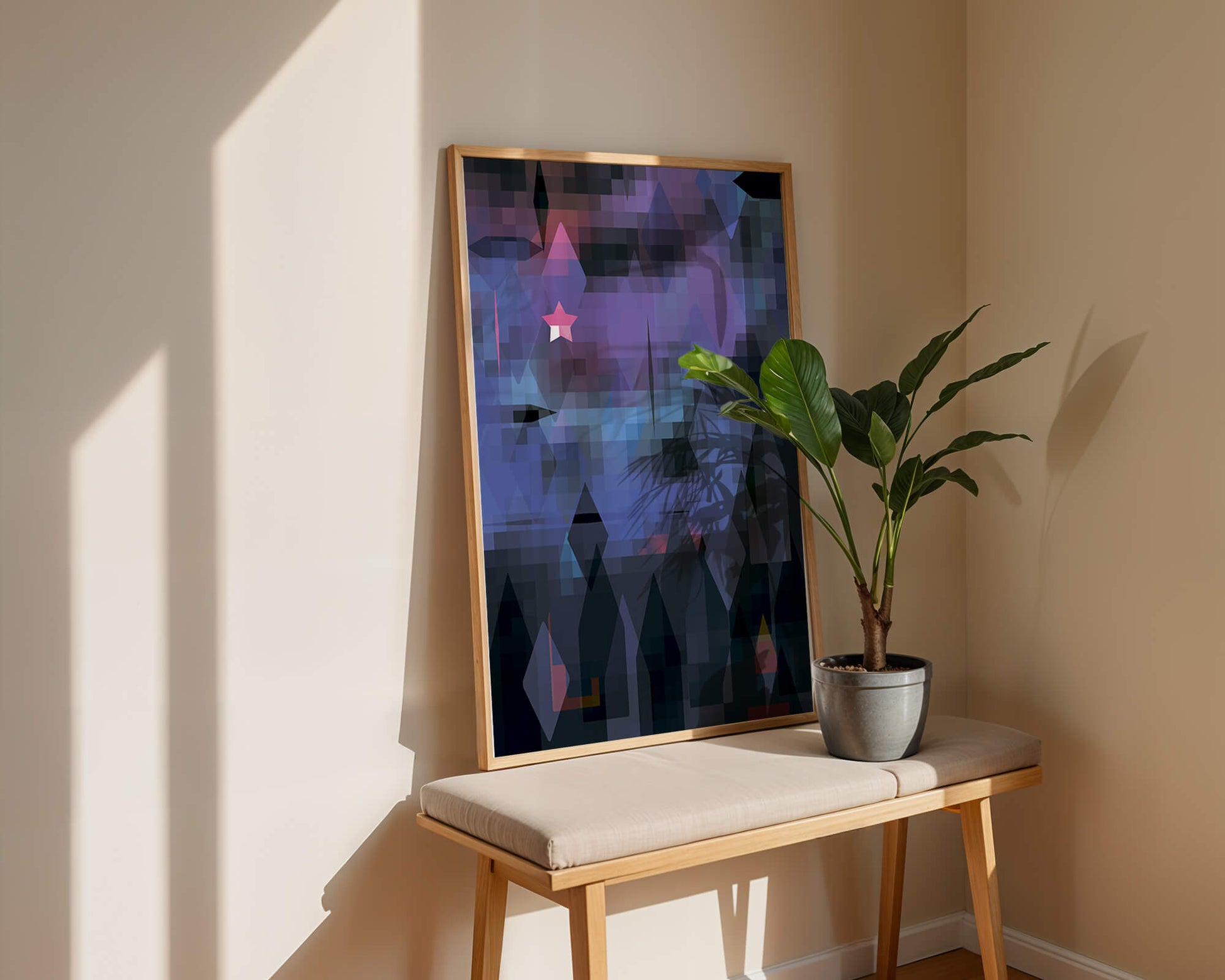 Geometrische abstrakte Kunst in lebhaften Blau- und Lilatönen