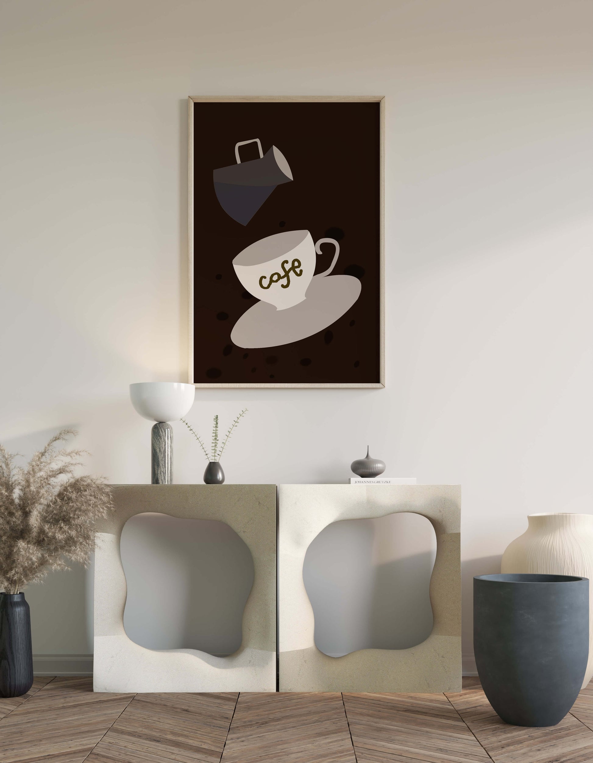 Minimalist coffee cup with pouring pot on dark background