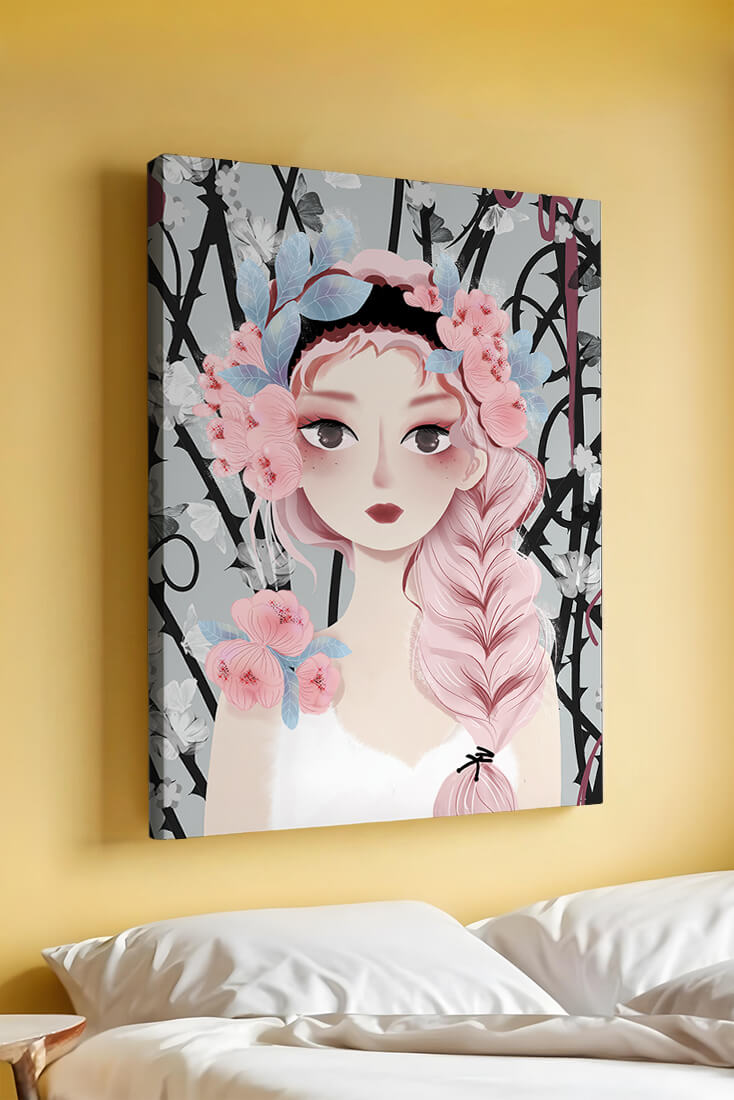 Whimsical illustration of a girl with pink hair and floral crown