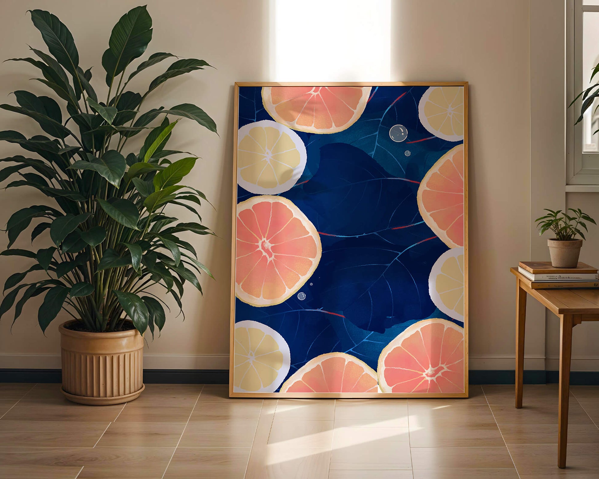 Frutas cítricas coloridas sobre fondo oscuro de hojas