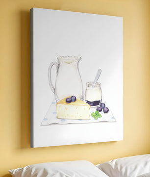 Illustration of dairy products with blueberries on polka dot cloth