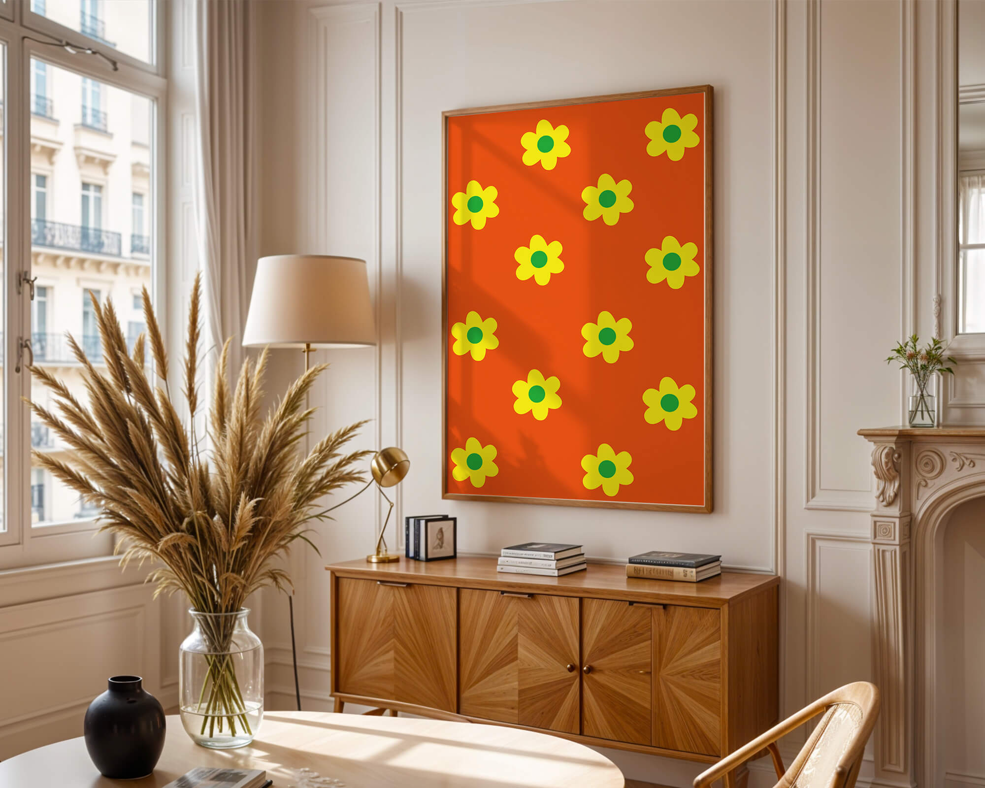 Colorful floral pattern with yellow flowers on orange background