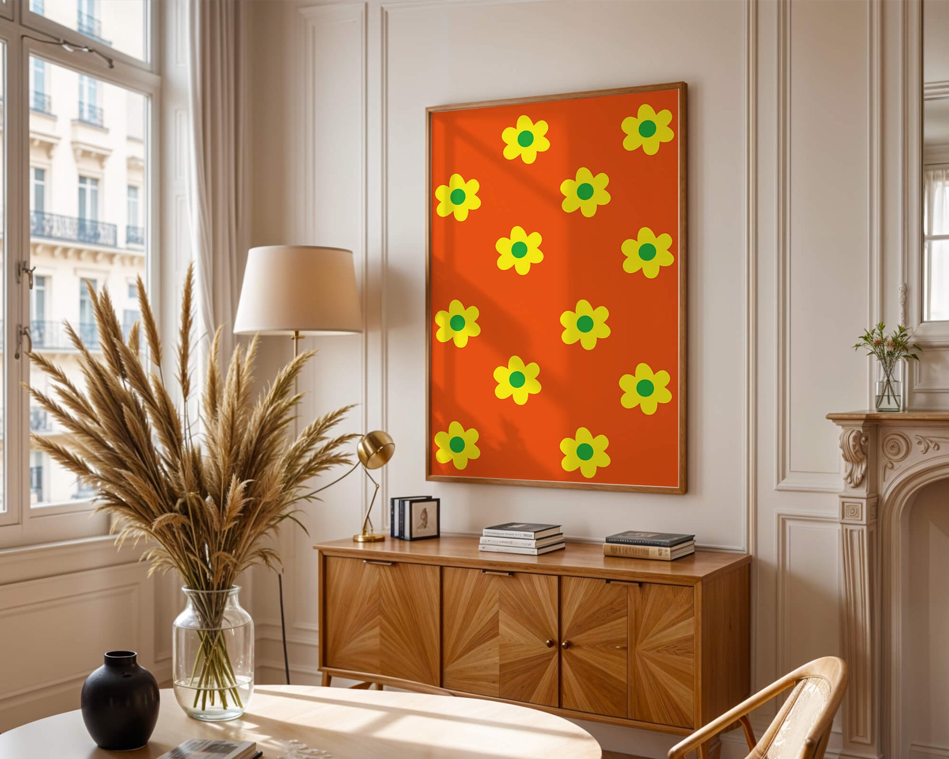 Colorful floral pattern with yellow flowers on orange background