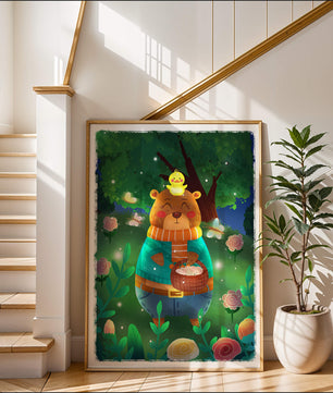Charming bear in a colorful garden with flowers and fireflies