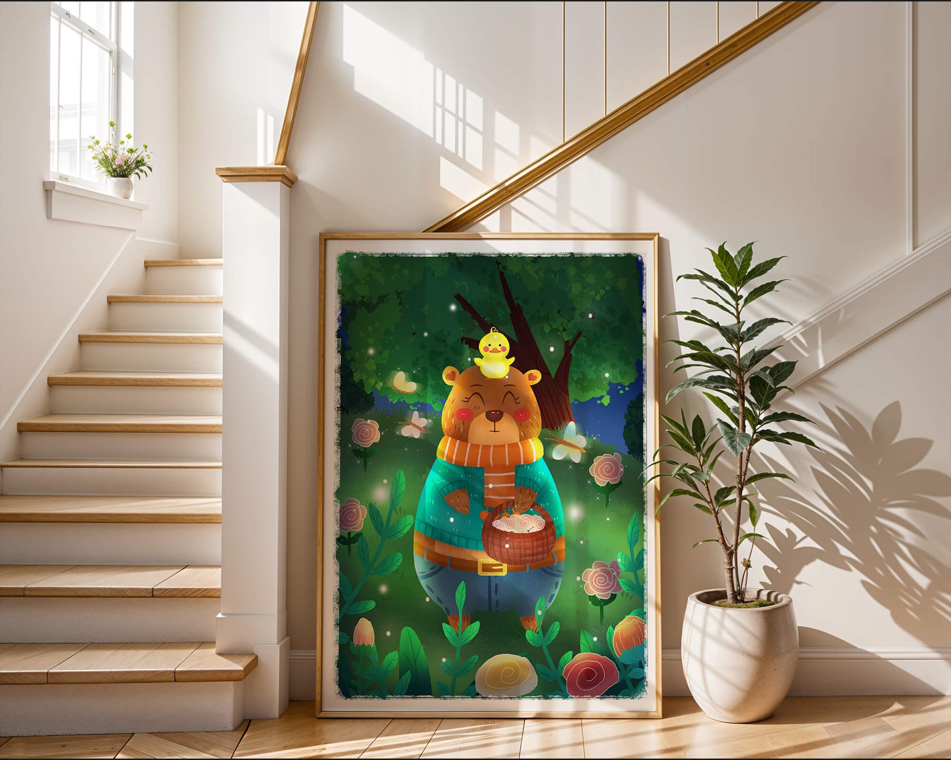 Charming bear in a colorful garden with flowers and fireflies