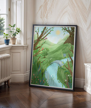 Serene Landscape with Birds and River under Sunny Sky