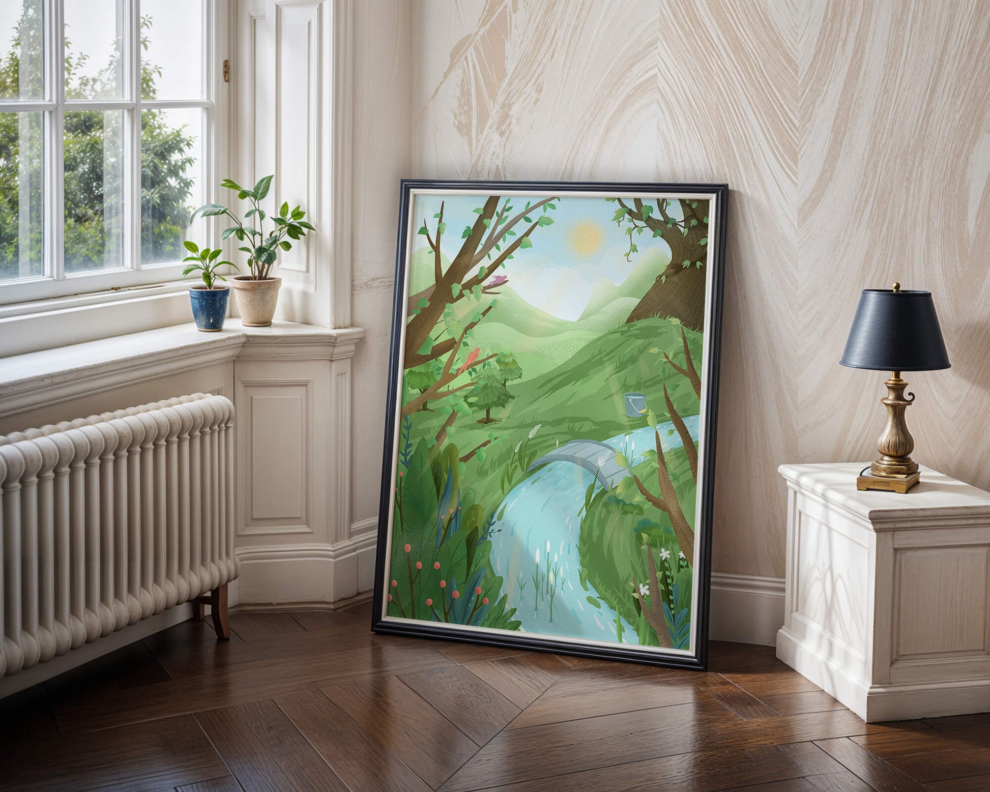 Paisaje sereno con aves y río bajo un cielo soleado