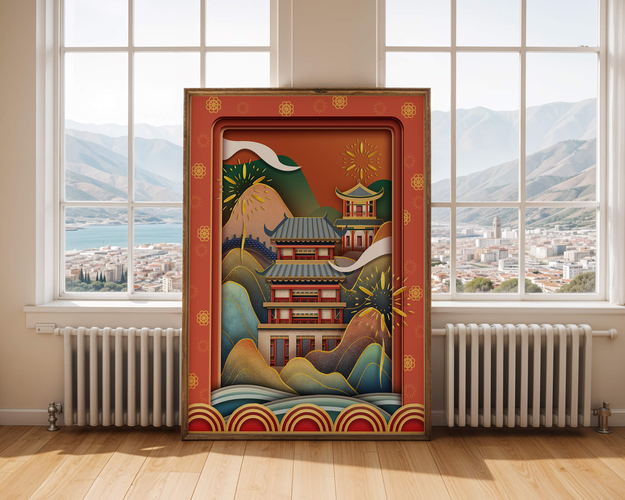 Traditional Asian architecture with fireworks and vibrant mountains