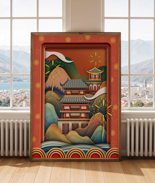 Arquitectura asiática tradicional con fuegos artificiales y montañas vibrantes