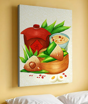 Illustrated traditional Chinese food with zongzi and rice wine