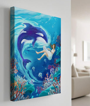 Escena submarina de fantasía con una ballena juguetona y una chica flotando entre corales y medusas