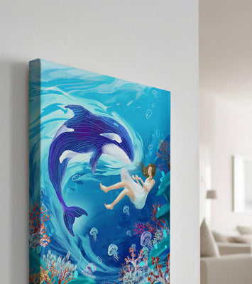 Underwater fantasy scene with a playful whale and a girl floating amidst coral and jellyfish
