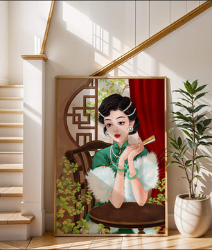 Elegant Woman in Traditional Asian Attire with Floral Background