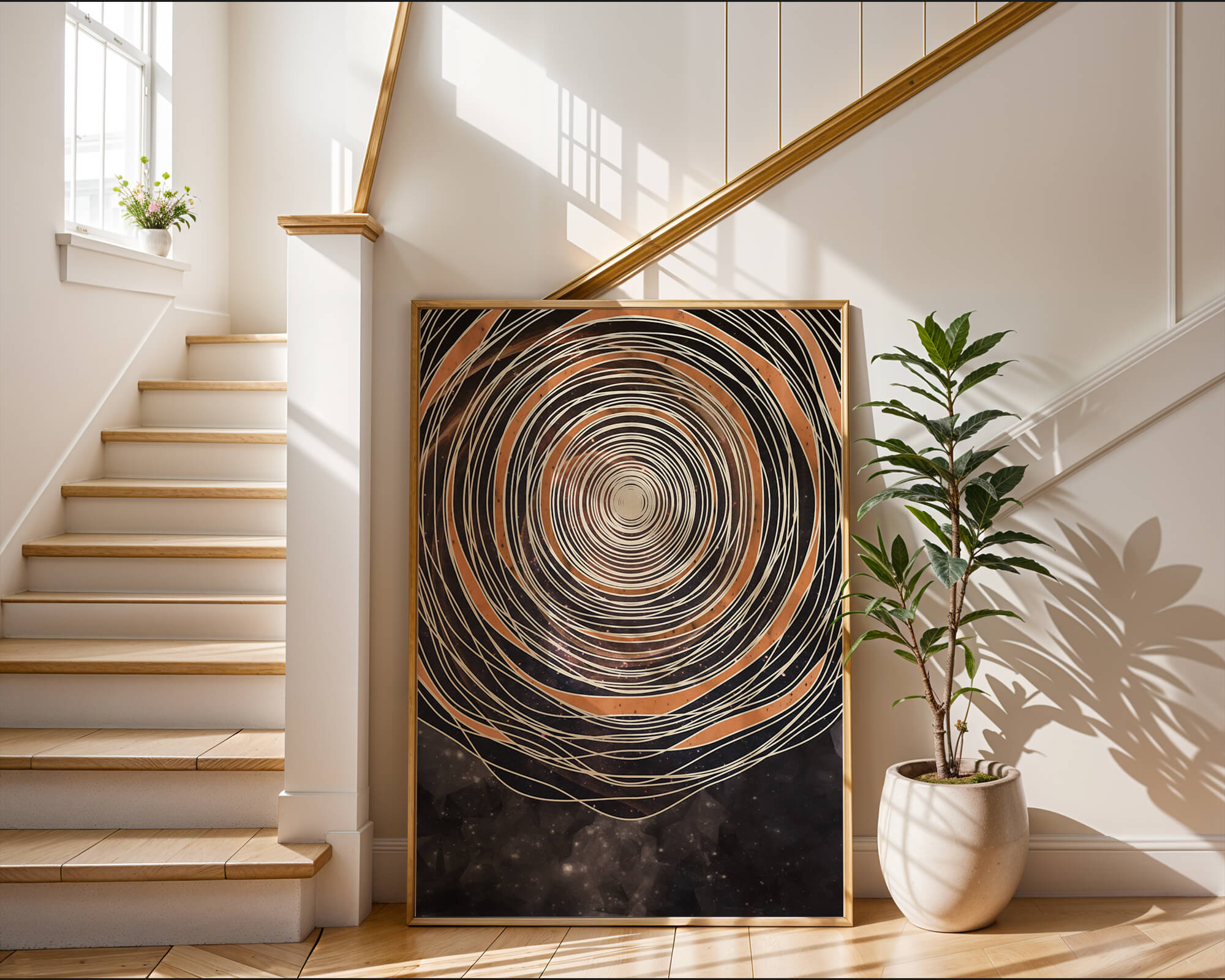 Abstract cosmic spiral with concentric oval patterns and starry background