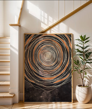 Espiral cósmica abstracta con patrones ovalados concéntricos y fondo estrellado