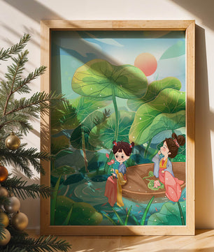 Charming illustration of children on a boat in a lush lotus pond