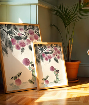 Ilustración encantadora de un niño con ropa tradicional, bayas vibrantes y hojas exuberantes