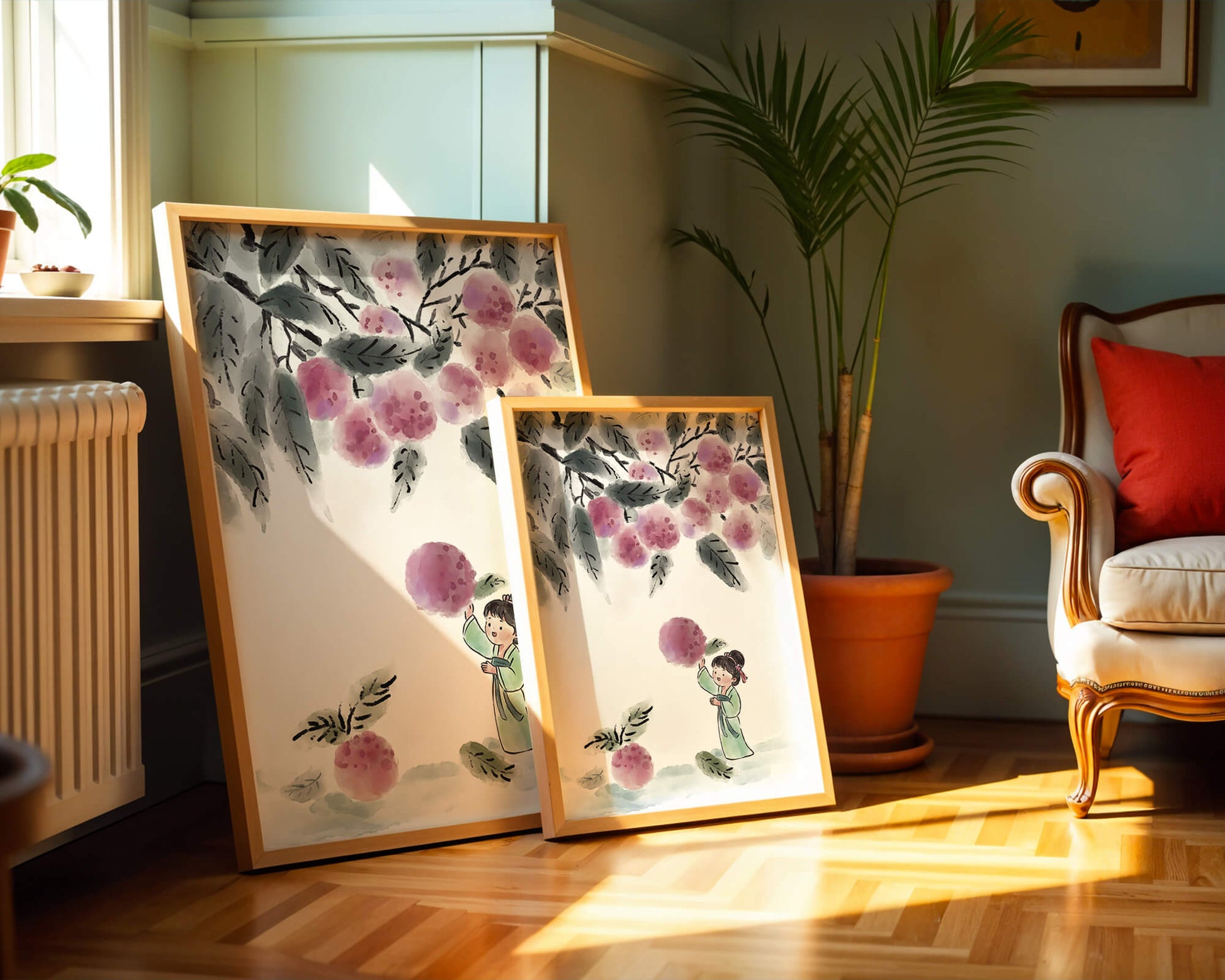 Ilustración encantadora de un niño con ropa tradicional, bayas vibrantes y hojas exuberantes