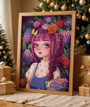 Illustration of a girl with floral crown surrounded by vibrant flowers