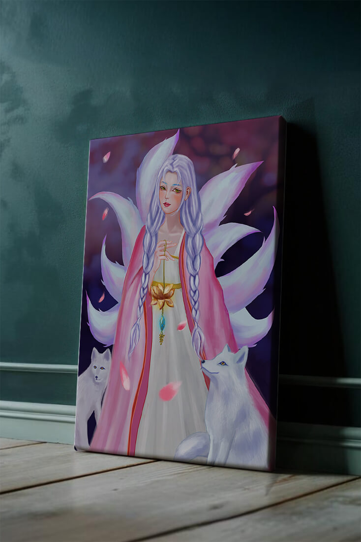 Fantasy art of ethereal figure with foxes and petals
