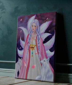Fantasy art of ethereal figure with foxes and petals