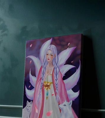 Fantasy art of ethereal figure with foxes and petals