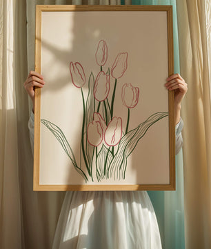 Wunderschöne rosa Tulpen mit grünen Blättern auf einer minimalistischen Leinwand
