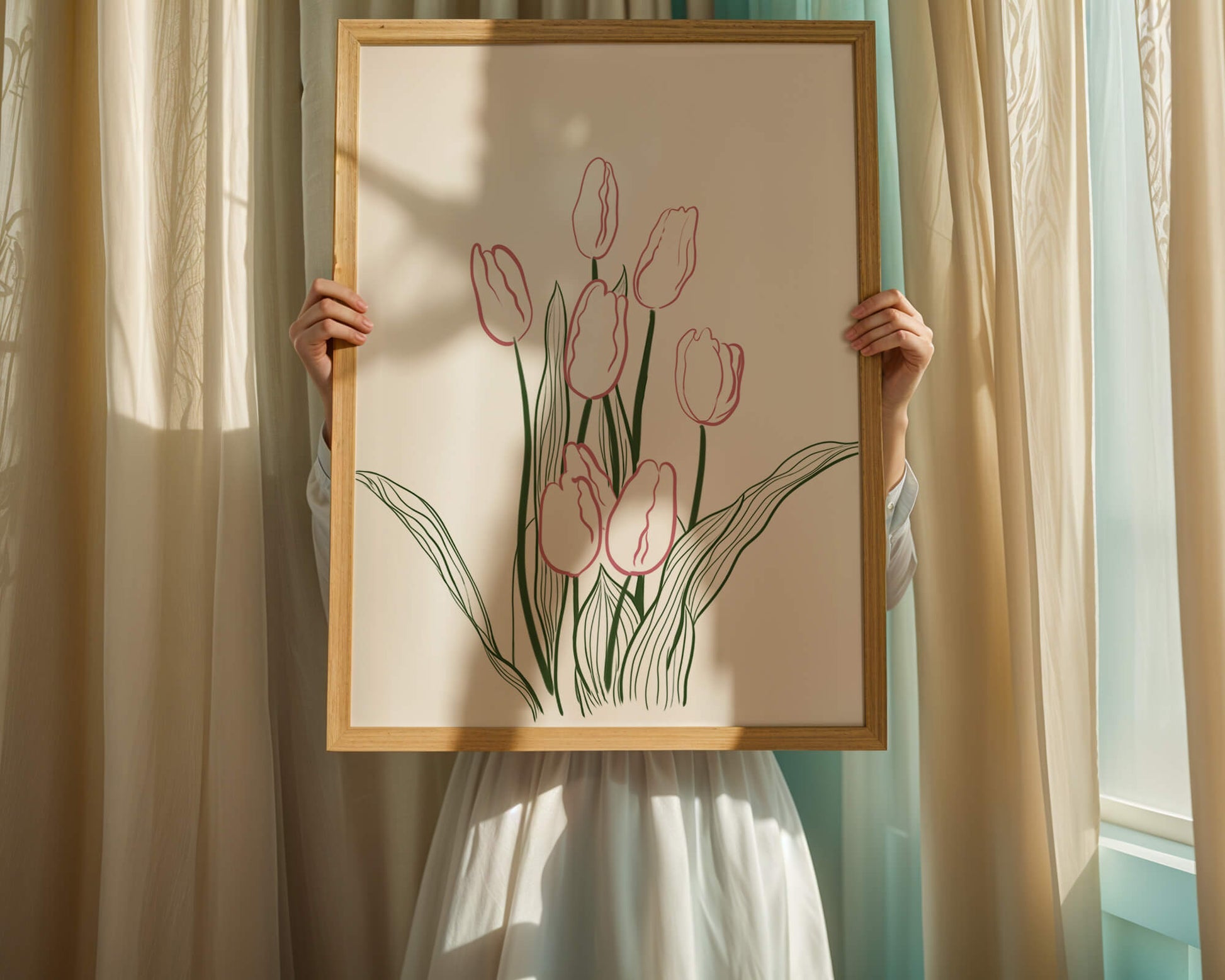 Wunderschöne rosa Tulpen mit grünen Blättern auf einer minimalistischen Leinwand