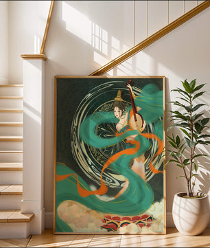 Elegant depiction of traditional musical culture with vibrant flowing ribbons and intricate patterns