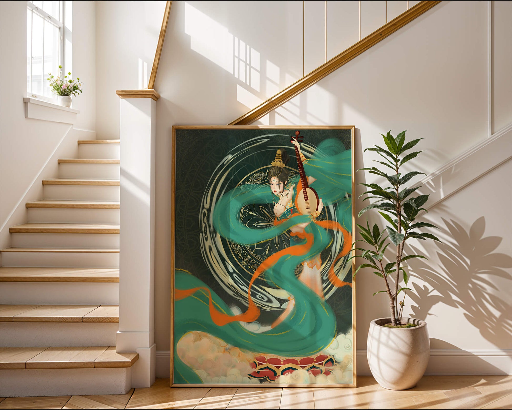 Elegant depiction of traditional musical culture with vibrant flowing ribbons and intricate patterns