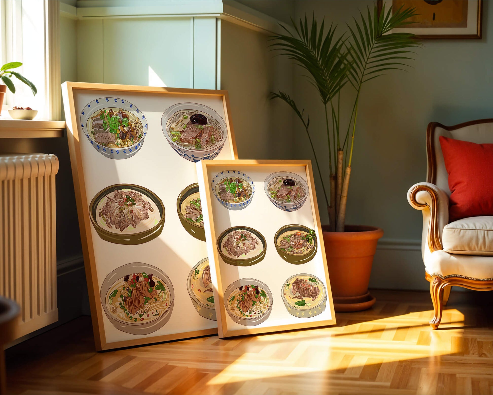 Illustrated bowls of Asian noodle soups with herbs and vegetables