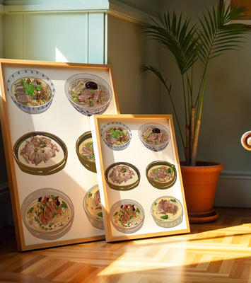 Illustrated bowls of Asian noodle soups with herbs and vegetables