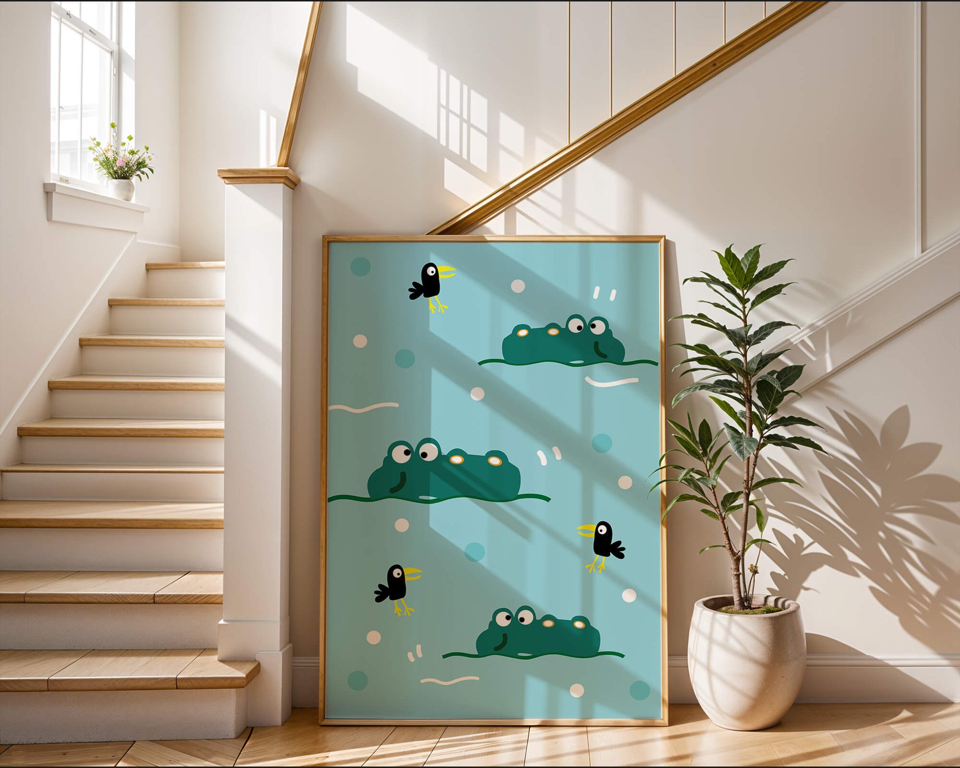 Playful cartoon crocodiles and birds on blue patterned background
