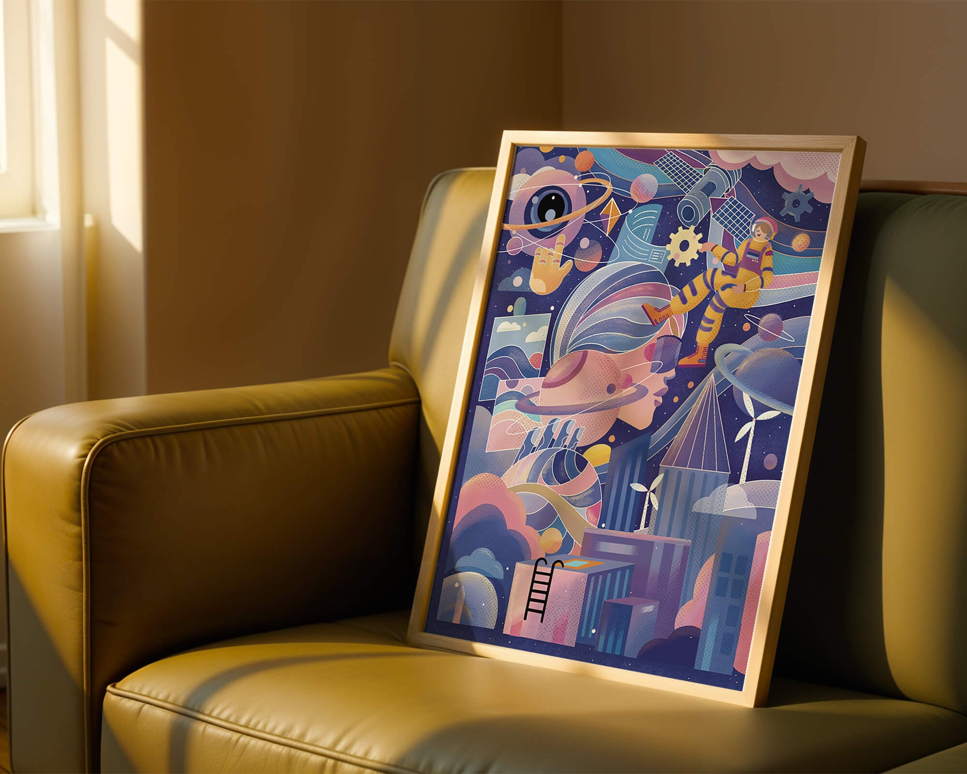 Farbenfrohe futuristische Weltraumillustration mit Astronauten und abstrakten Elementen