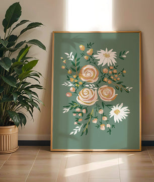 Floral illustration with roses and daisies on green background