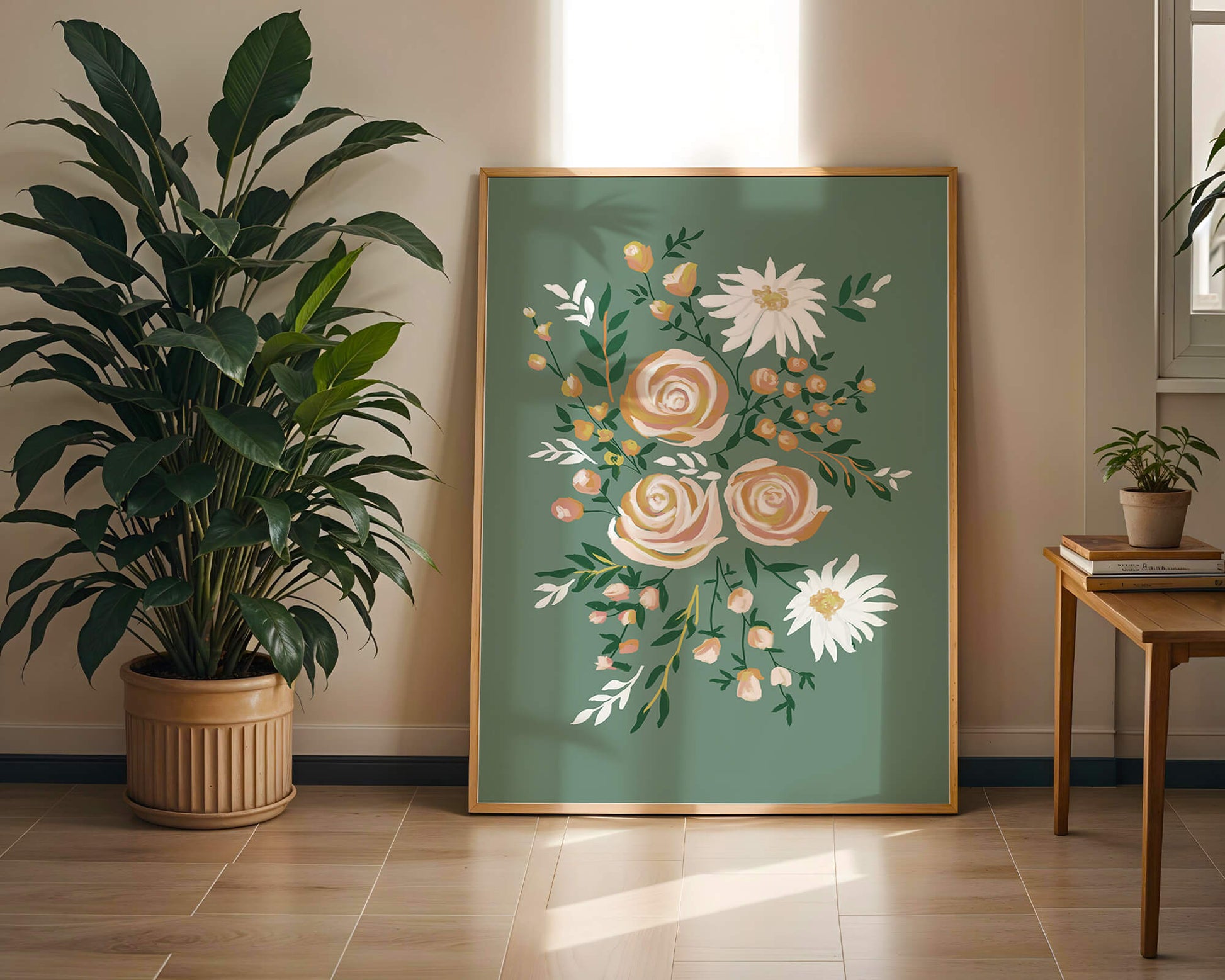 Floral illustration with roses and daisies on green background