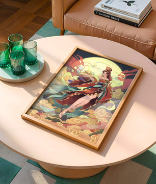 An enchanting depiction of a celestial figure with a mystical rabbit and vibrant attire