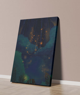 Enchanted night forest with glowing fireflies and dense foliage