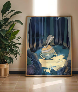 A serene fantasy forest scene with mystical elements at night
