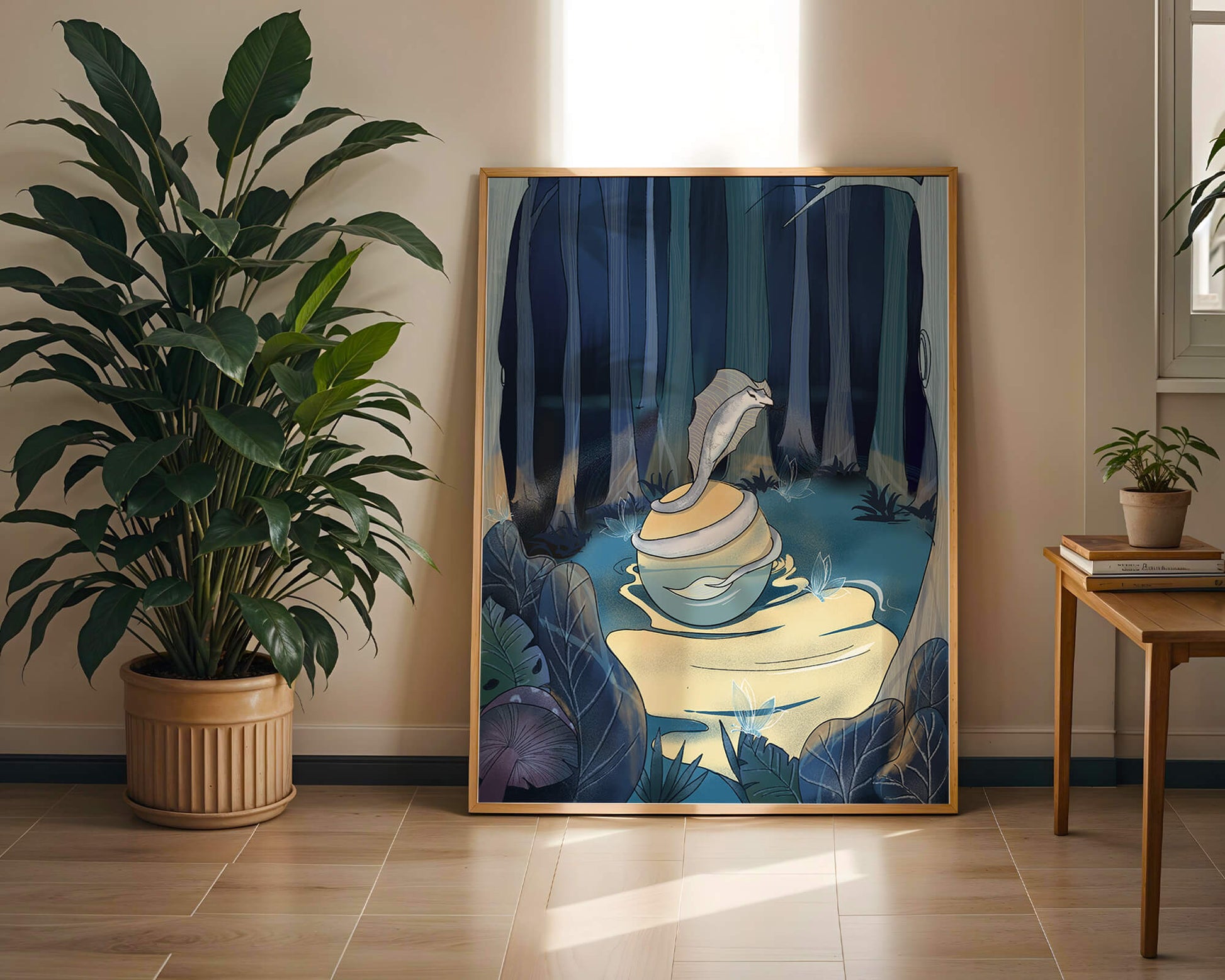 A serene fantasy forest scene with mystical elements at night