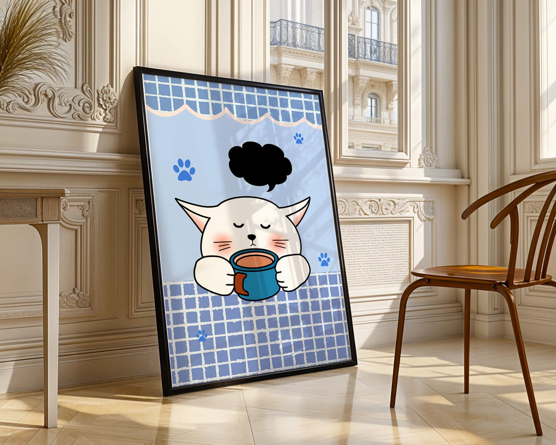 Cute cartoon cat with mug and speech bubble on blue background