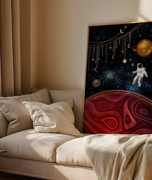 Escena espacial surrealista con astronauta y elementos celestiales