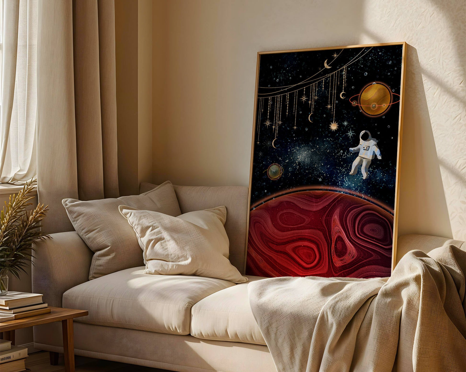 Surreal space scene with astronaut and celestial elements