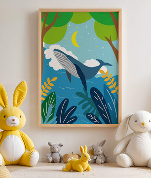 Illustration eines Wals in einer farbenfrohen Waldszene mit Mond und Pflanzen