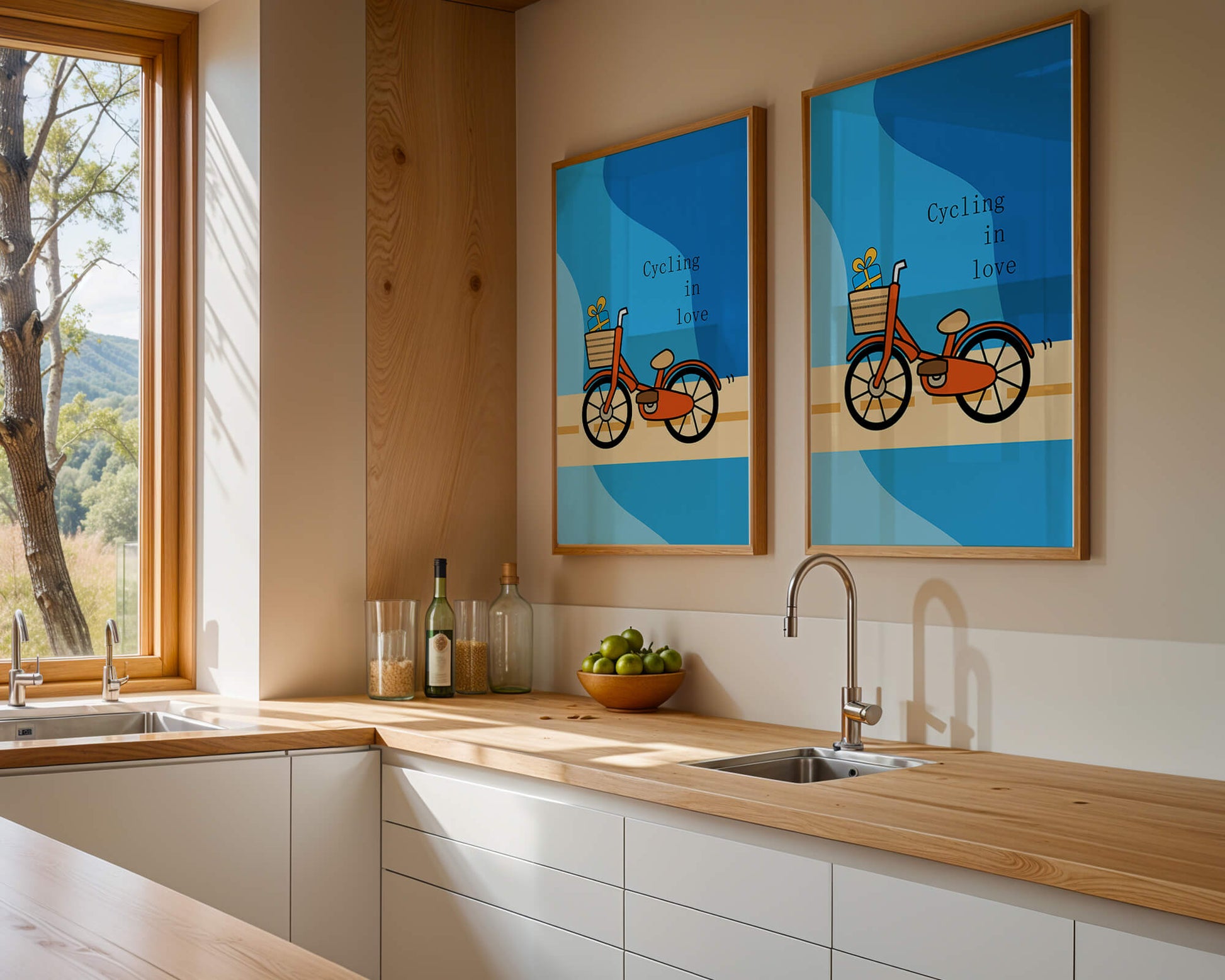 Colorful bicycle with a gift in basket against blue background