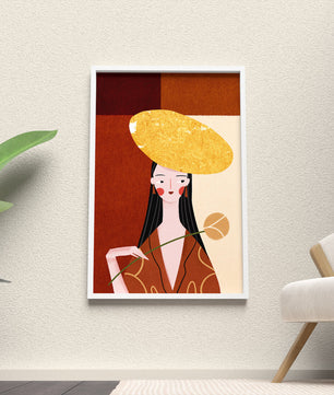 Elegant Woman with a Gold Hat and a Flower on a Red Background - Mi tienda