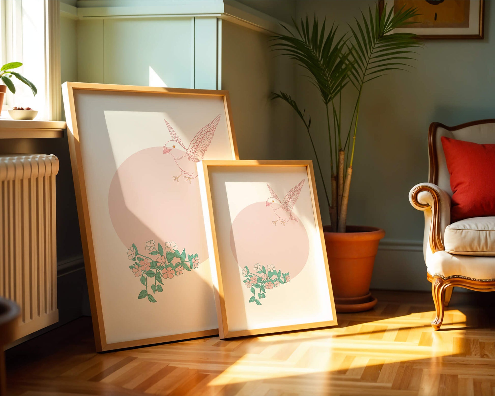 Pájaro pastel con elementos florales en estilo minimalista