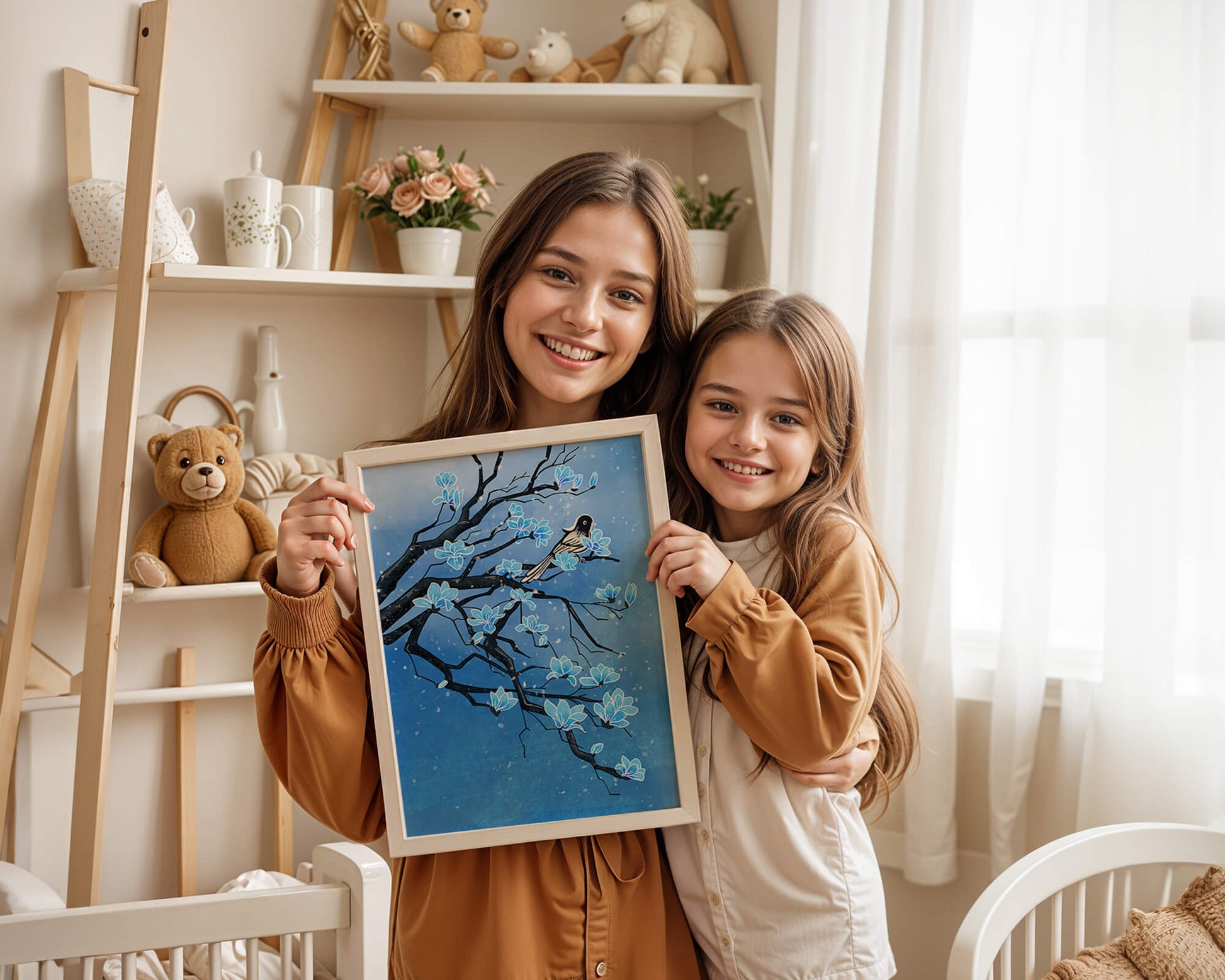 Bird on a branch with blue flowers against a snowy background