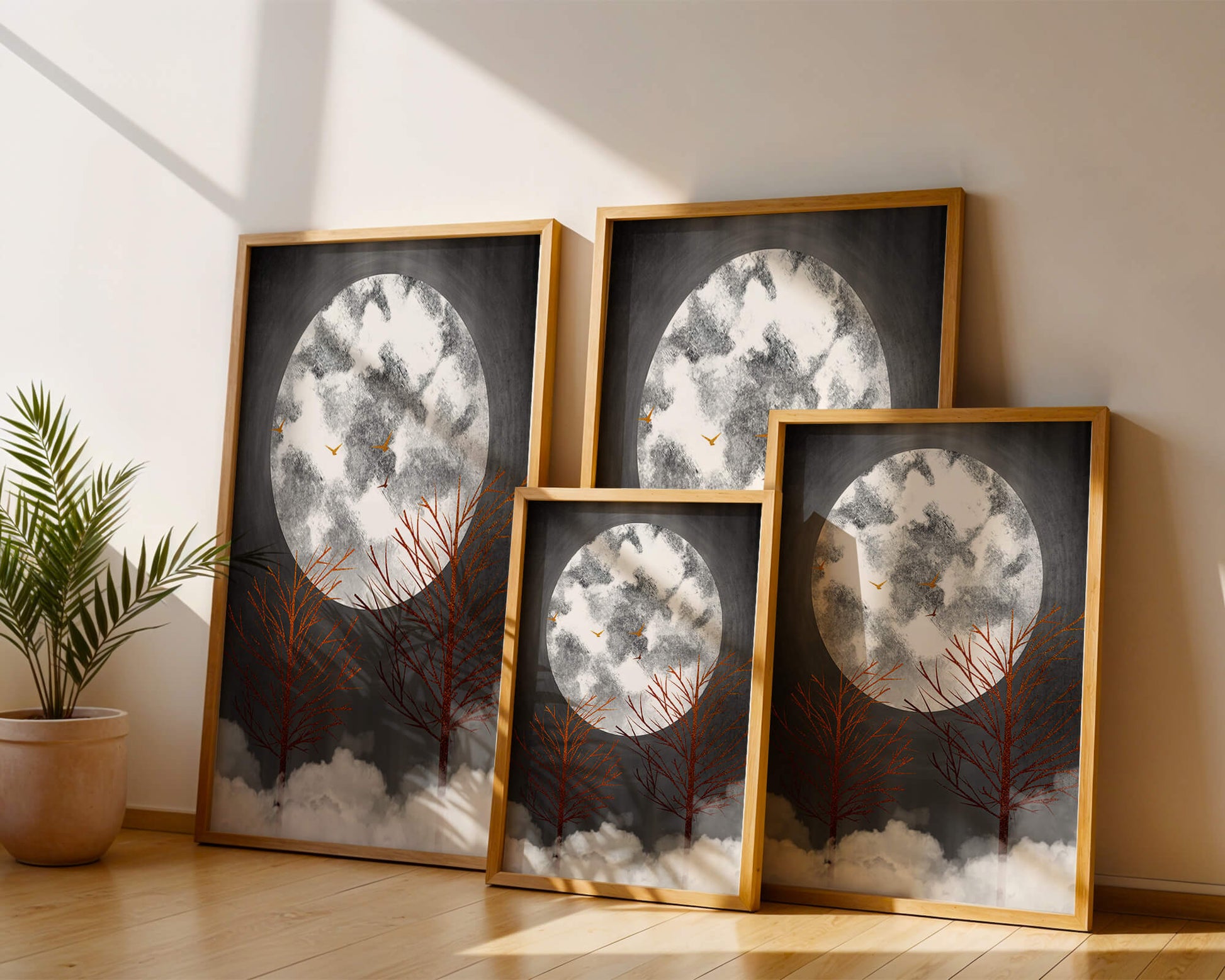 Surreal Night Scene with Trees and Golden Birds in Moonlight