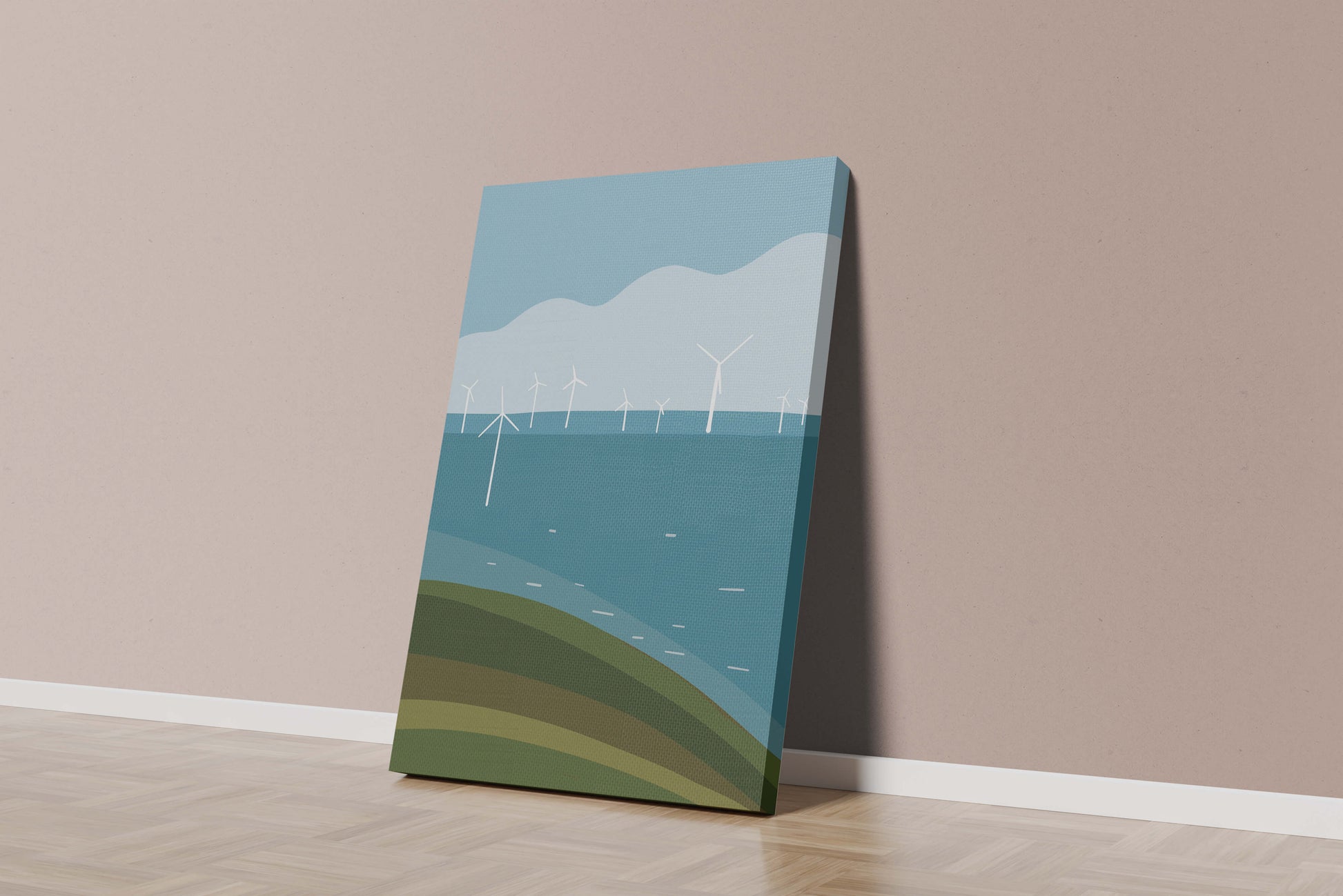 Wind Turbines on Rolling Hills Against a Clear Blue Sky